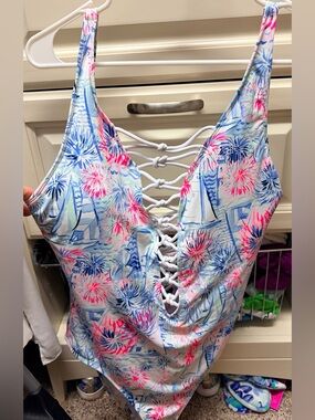 Lilly Pulitzer Pink & Blue Floral Lace-Up One-Piece Swimsuit